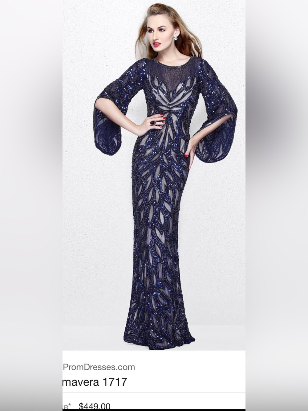 Primavera Couture Navy Beaded Long Sleeve Evening Gown
